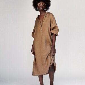NWOT Zara Camel Linen Midi Dress Size M Sold out Highly Sought After 🍂 Fall 🍁